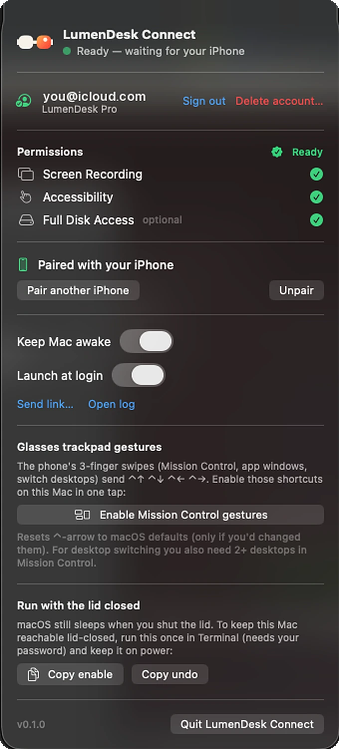 LumenDesk Connect, the Mac companion app