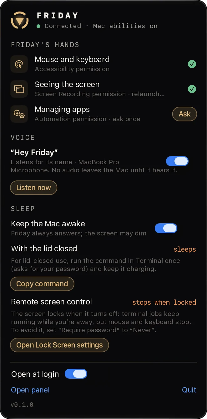 Friday's menu bar panel on the Mac: its hands (mouse and keyboard, the screen, apps), the Hey Friday wake word and sleep settings