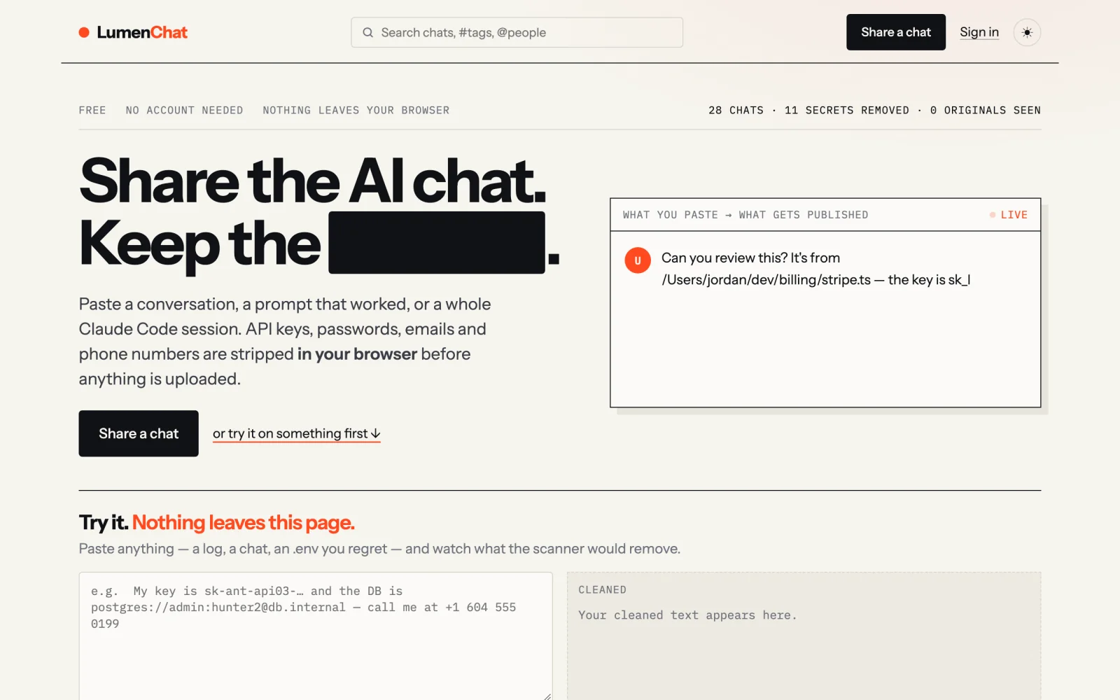 LumenChat home page: share the AI chat, keep the secrets